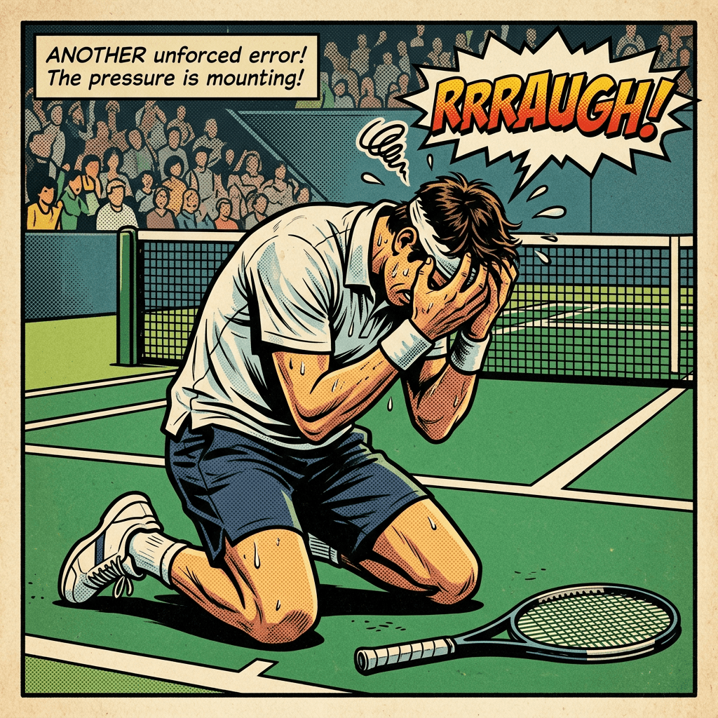 Tennis player kneeling on court holding head in frustration near racket