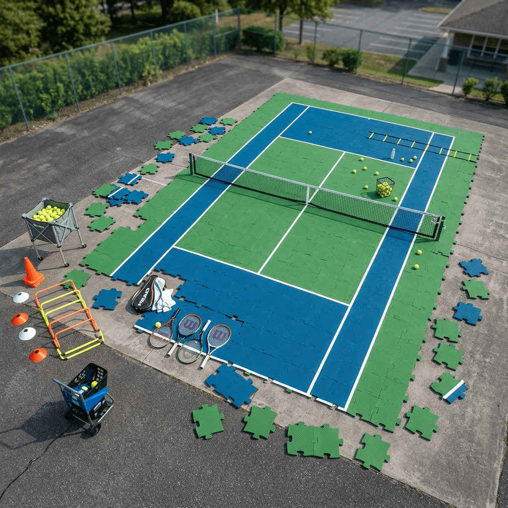 Portable tennis court mat with net, tennis balls, rackets, and training cones