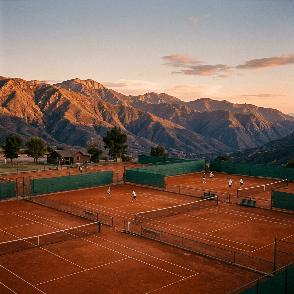 Tennis players on clay courts surrounded by green fences and mountains at sunset